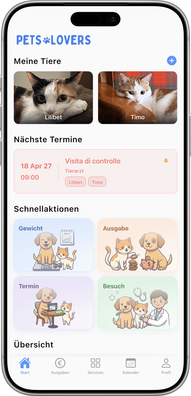 Screenshot der Pets-Lovers-App mit digitalem Tiergesundheitsheft und Terminverwaltung für Hunde und Katzen