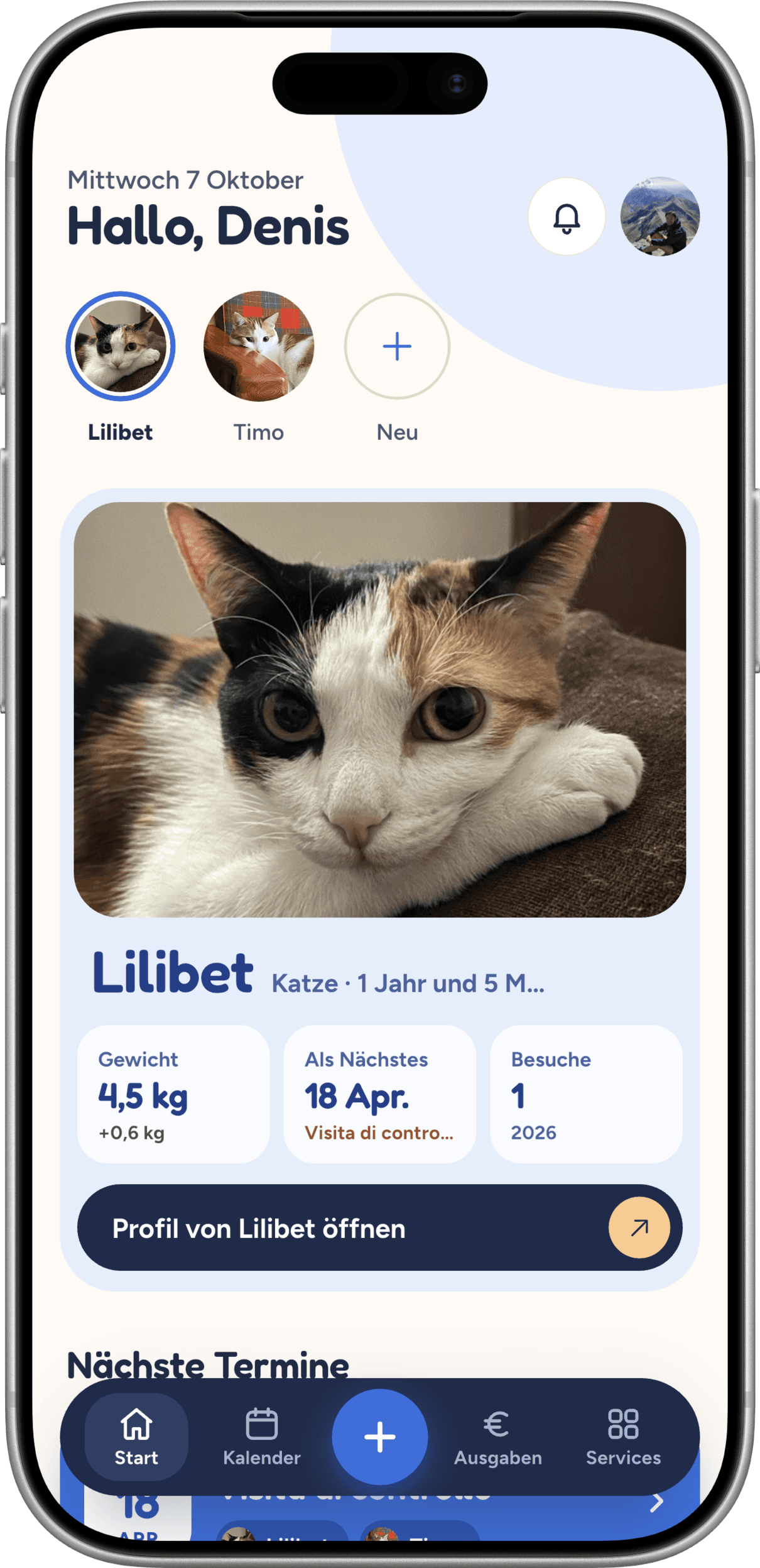 Startbildschirm der Pets Lovers App mit dem digitalen Gesundheitspass