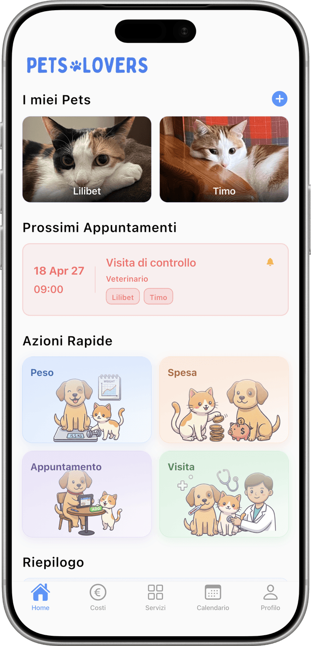 Screenshot app Pets Lovers con libretto veterinario digitale e gestione appuntamenti per cani e gatti