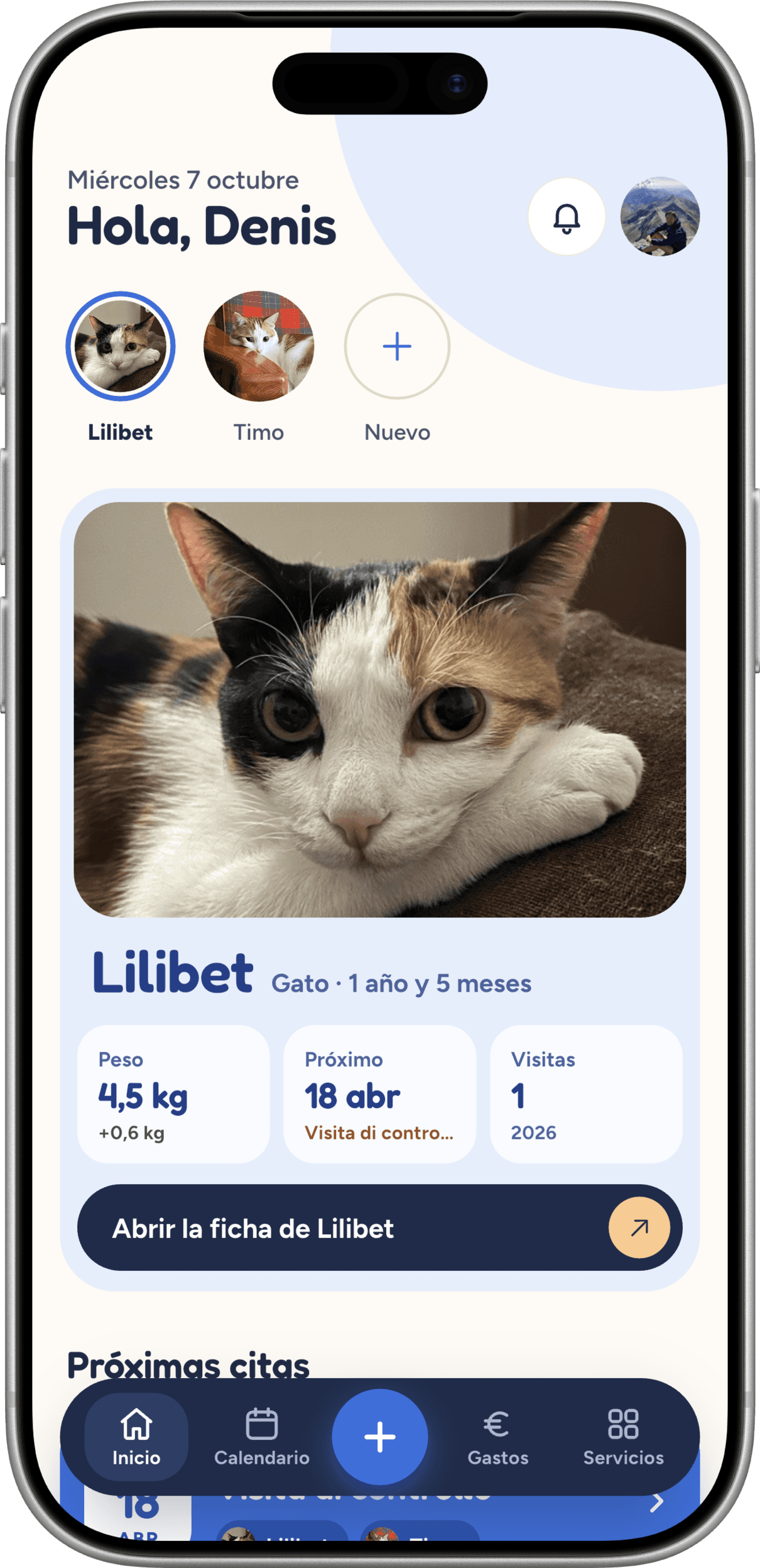 Pantalla de inicio de la app Pets Lovers con la cartilla veterinaria digital