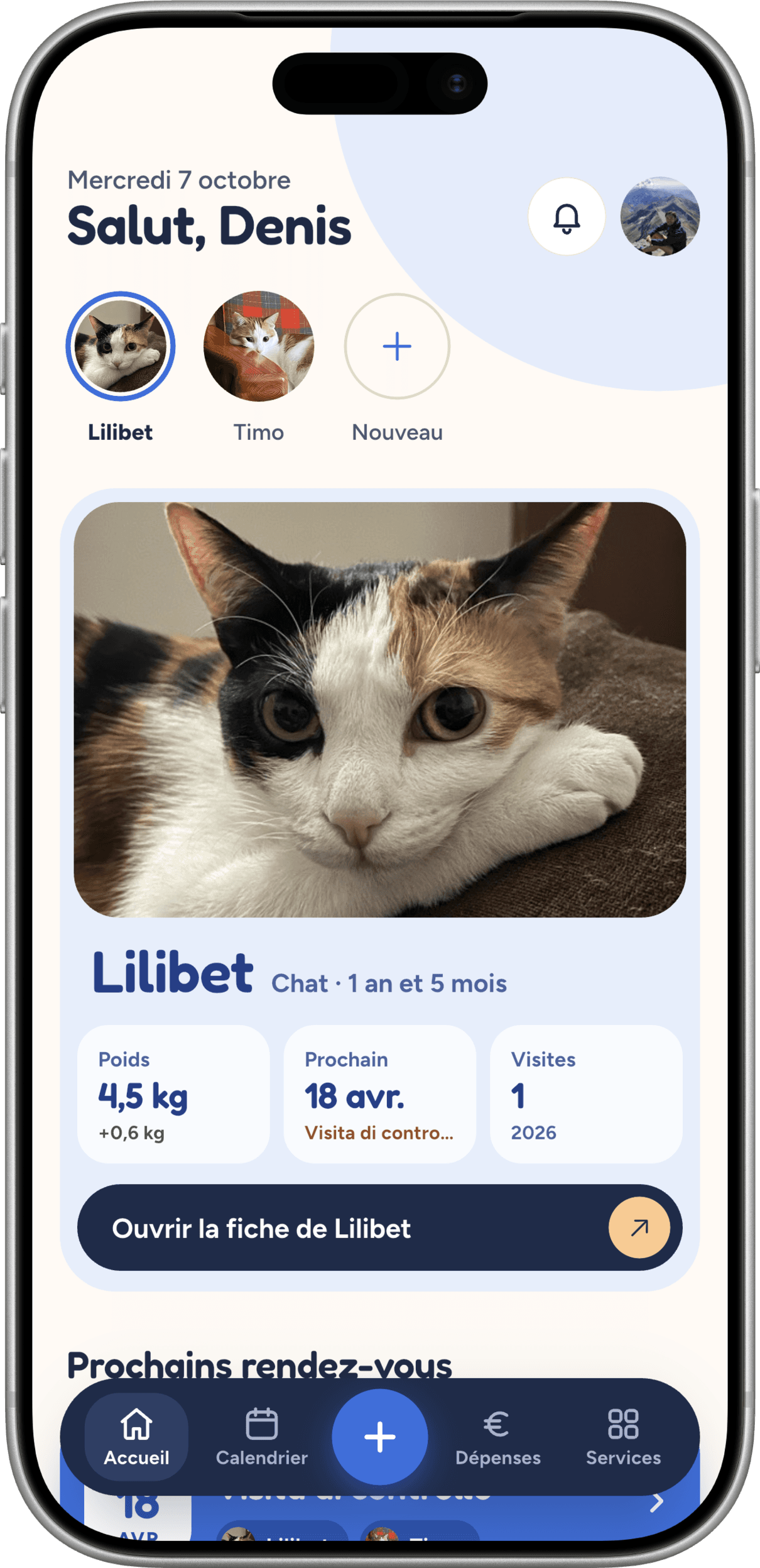 Écran d'accueil de l'app Pets Lovers avec le carnet de santé numérique